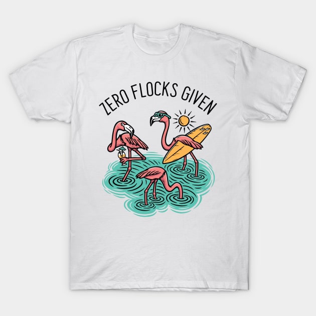 zero flocks given beach surfing flamingos T-Shirt by CaptainHobbyist